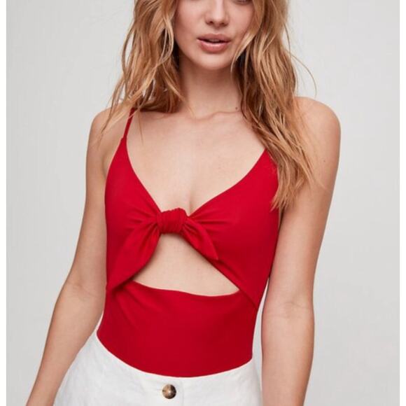 ARITZIA Wilfred NOE Bodysuit and Swimsuit Front Tie Cutout One Piece in Red XS - Picture 6 of 10